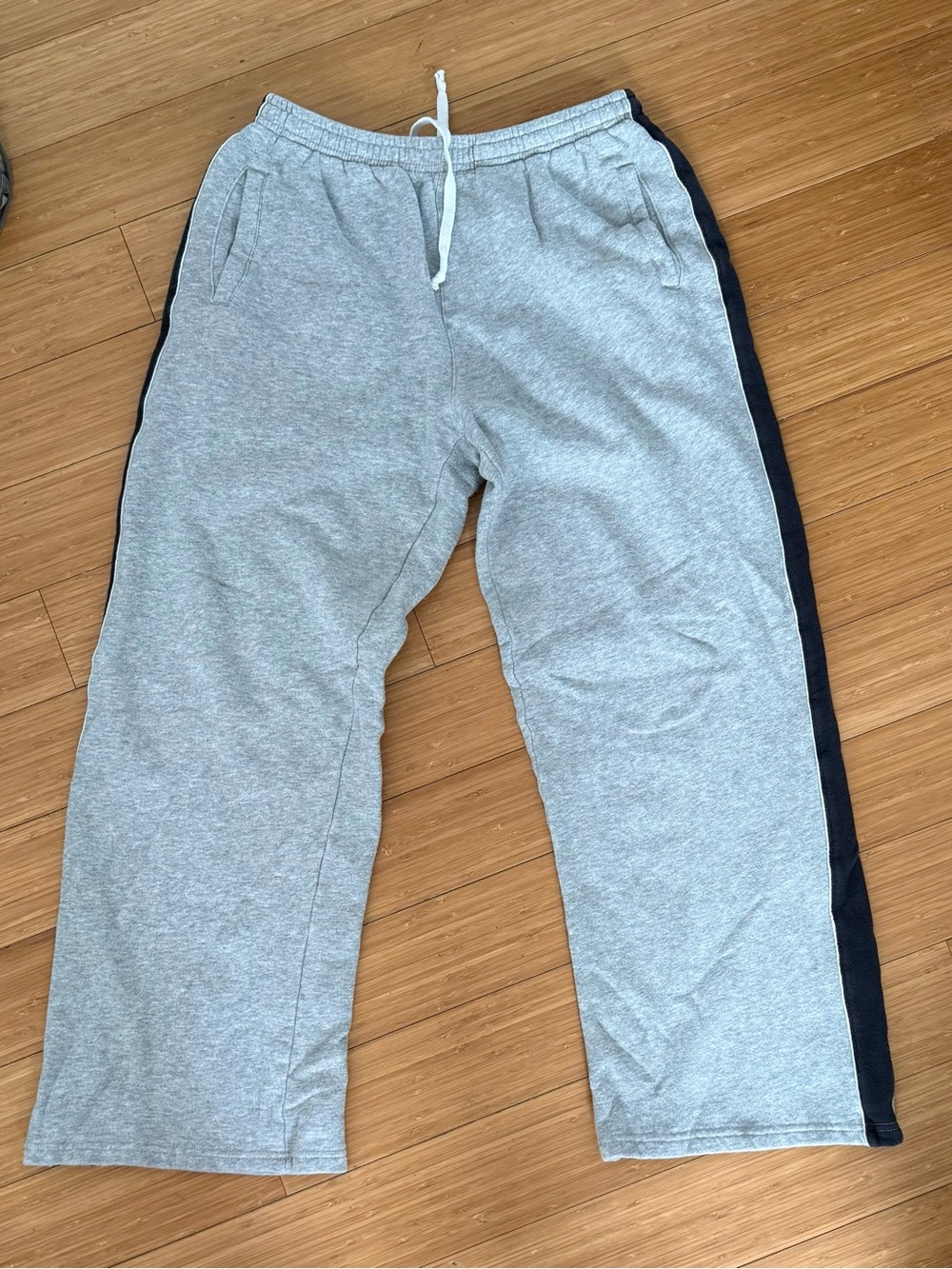 Heather gray with navy stripe sweats